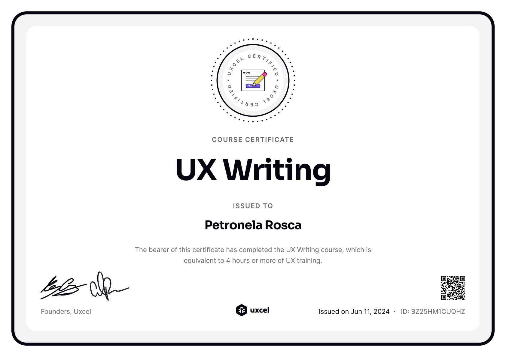 Petronela Rosca's certificate